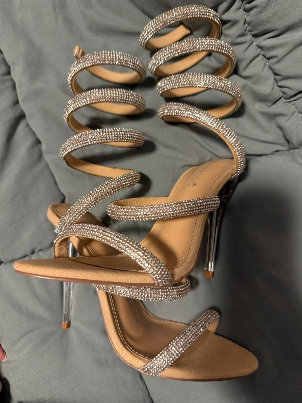 Rhinestone Spiral Strap Nude High Heel Sandals